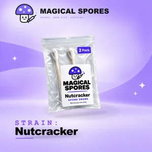 Product photo for a 2 pack of Nutcracker spore swabs in a sterile pack on a purple background featuring stars and swirls of lighter shades